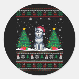 Santa Hat Siberische Husky Dog Xmas Tree Lights Ug Ronde Sticker