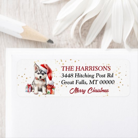 Santa Hat Siberische Husky Puppy Gifts Etiket (Insitu)