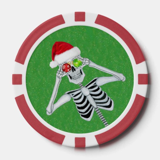 Santa Hat Skeleton Ornament Eyes on Green Sparkles Poker Chips (Voorkant)