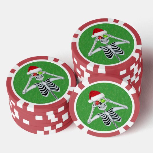 Santa Hat Skeleton Ornament Eyes on Green Sparkles Poker Chips (Opstapeling)