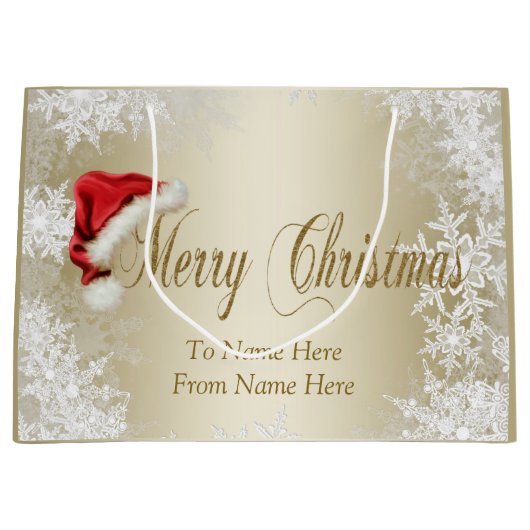 Santa Hat Snowflake Gold Christmas Groot Cadeauzakje (Voorkant)