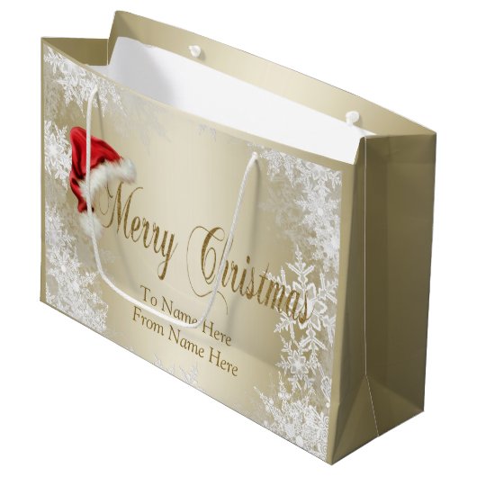 Santa Hat Snowflake Gold Christmas Groot Cadeauzakje (Voorkant Gekanteld)