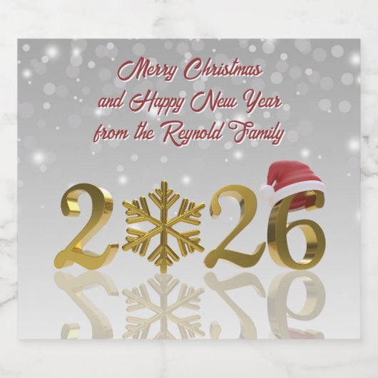 Santa Hat & Snowflake | Happy New Year Golden 2026 Sparkling Wijnetiket (Enkel label)