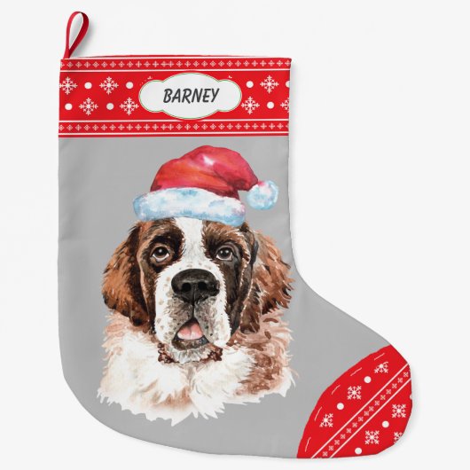 Santa Hat St Bernard Snowflake Border Grote Kerstsok (Voorkant)