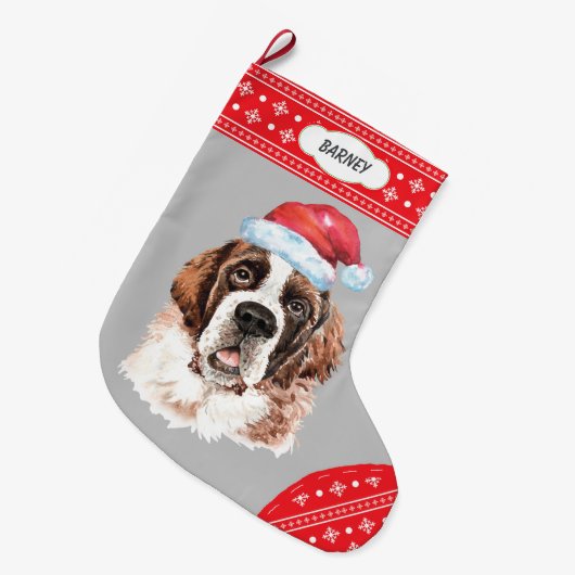 Santa Hat St Bernard Snowflake Border Grote Kerstsok (Voorkant (Hangend))
