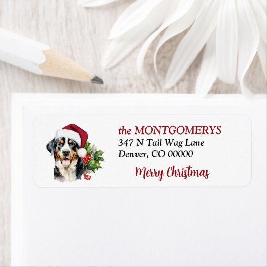 Santa Hat Swiss Mountain Dog Christmas Etiket (Insitu)