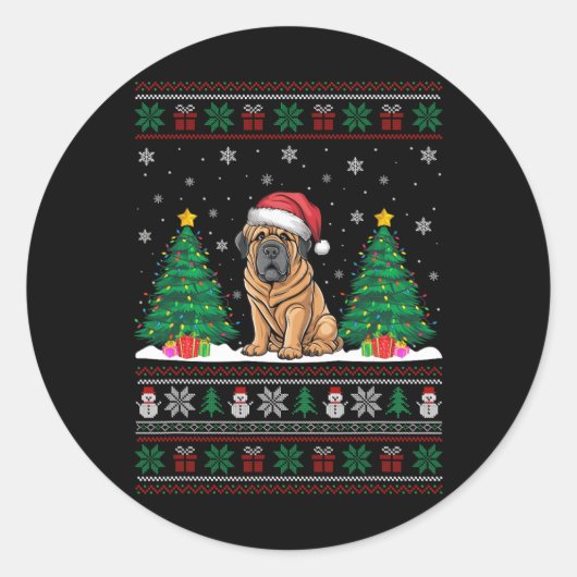 Santa Hat Tibetaanse Mastiff Hond Xmas Tree Lights Ronde Sticker (Voorkant)
