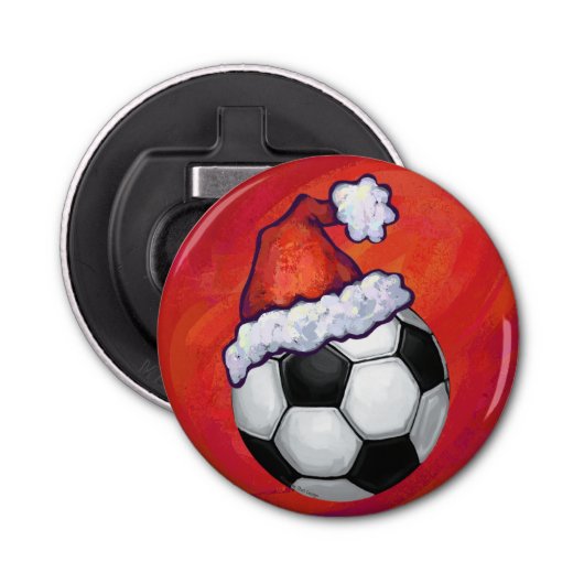 Santa Hat-Voetbal op rood Button Flesopener (Voorkant)