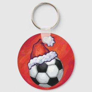 Santa Hat-Voetbal op rood Sleutelhanger