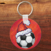 Santa Hat-Voetbal op rood Sleutelhanger (Voorkant)