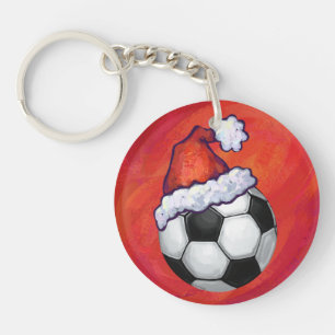 Santa Hat-Voetbal op rood Sleutelhanger