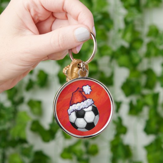 Santa Hat-Voetbal op rood Sleutelhanger (Hand)