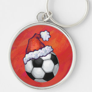 Santa Hat-Voetbal op rood Sleutelhanger