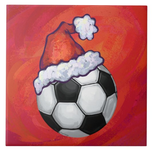 Santa Hat-Voetbal op rood Tegeltje (Voorkant)