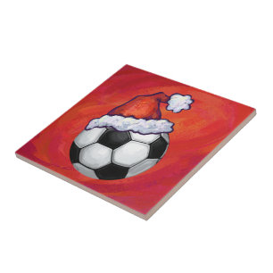 Santa Hat-Voetbal op rood Tegeltje