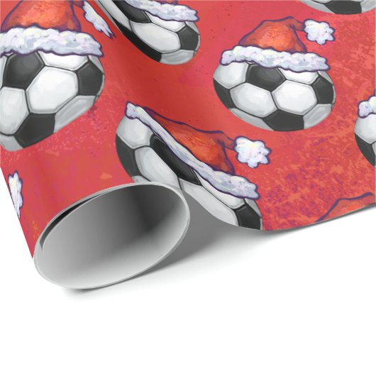 Santa Hat Voetbal Pattern op Red Cadeaupapier (Rol Hoek)