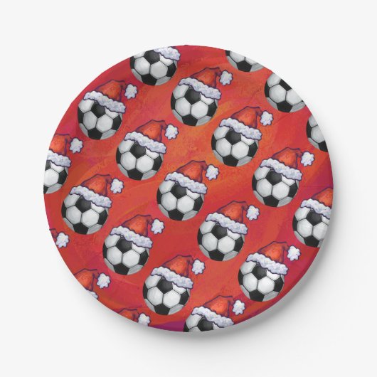 Santa Hat Voetbal Pattern op Red Papieren Bordje (Voorkant)