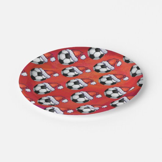 Santa Hat Voetbal Pattern op Red Papieren Bordje (Gekanteld)