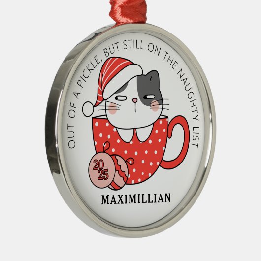 Santa Hat-Wearing Cat In Een Mok Metalen Ornament (Rechts)