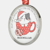 Santa Hat-Wearing Cat In Een Mok Metalen Ornament (Links)