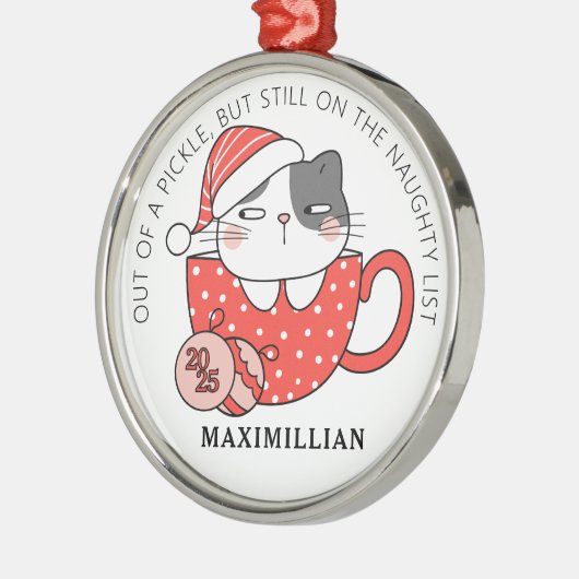 Santa Hat-Wearing Cat In Een Mok Metalen Ornament (Links)