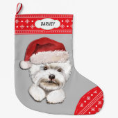 Santa Hat Westie Snowflake Border Grote Kerstsok (Voorkant)