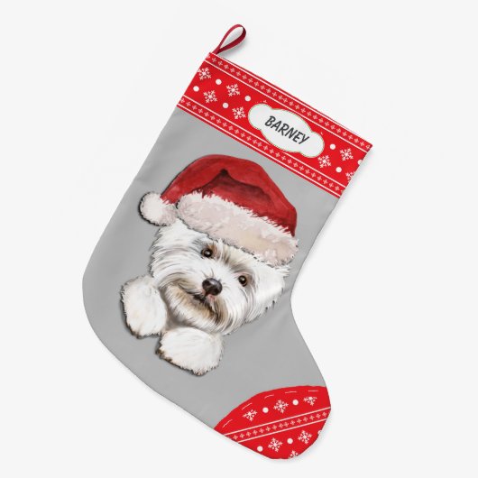 Santa Hat Westie Snowflake Border Grote Kerstsok (Voorkant (Hangend))