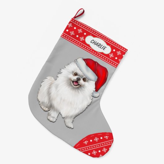 Santa Hat White Pommeren Snowflake Border Grote Kerstsok (Voorkant (Hangend))