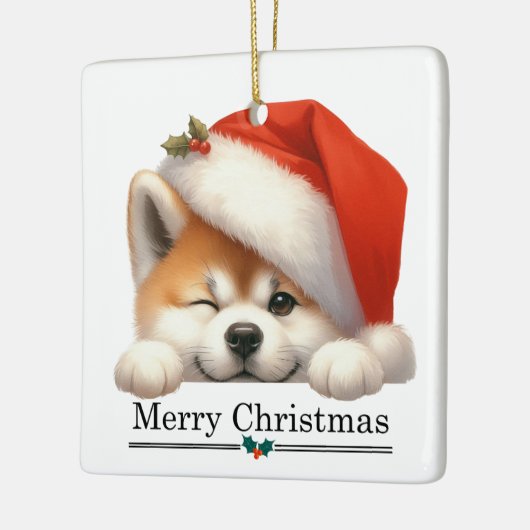 Santa Hat Winking Akita Puppy Merry Christmas Keramisch Ornament (Links)