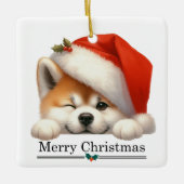 Santa Hat Winking Akita Puppy Merry Christmas Keramisch Ornament (Voorkant)