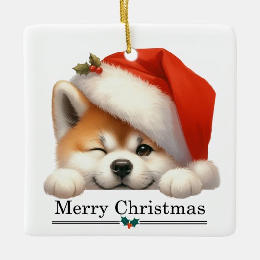 Santa Hat Winking Akita Puppy Merry Christmas Keramisch Ornament (Voorkant)