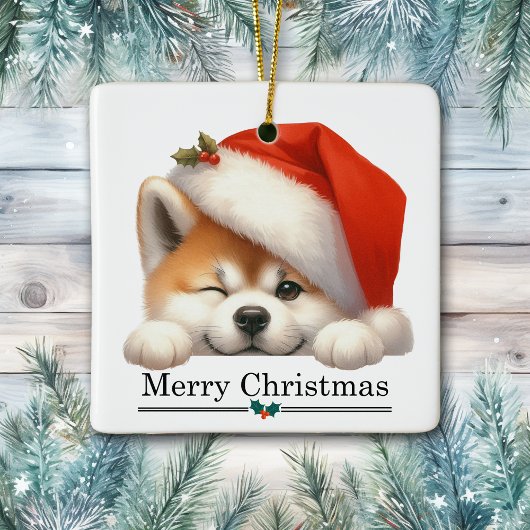 Santa Hat Winking Akita Puppy Merry Christmas Keramisch Ornament