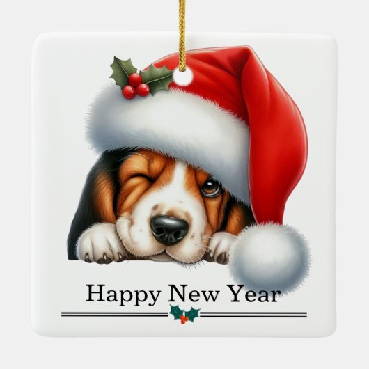 Santa Hat Winking Basset Hound Puppy Christmas Keramisch Ornament (Achterkant)