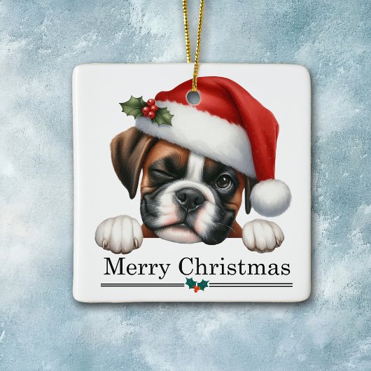 Santa Hat Winking Boxer Dog Puppy Christmas Keramisch Ornament