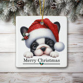 Santa Hat Winking French Bulldog Puppy Christmas Keramisch Ornament