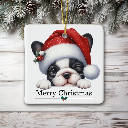 Santa Hat Winking French Bulldog Puppy Christmas Keramisch Ornament