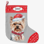 Santa Hat Yorkie Snowflake Border Grote Kerstsok (Voorkant)