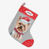Santa Hat Yorkie Snowflake Border Grote Kerstsok (Voorkant (Hangend))