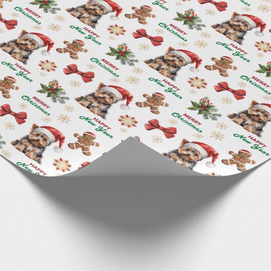 Santa Hat Yorkshire Terrier Dog Christmas Cadeaupapier (Hoek)