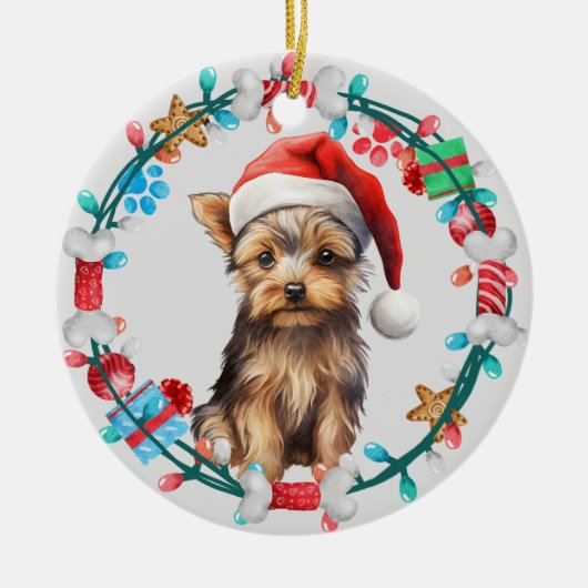 Santa Hat Yorkshire Terrier Hond Botkrans Keramisch Ornament (Voorkant)