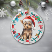 Santa Hat Yorkshire Terrier Hond Botkrans Keramisch Ornament