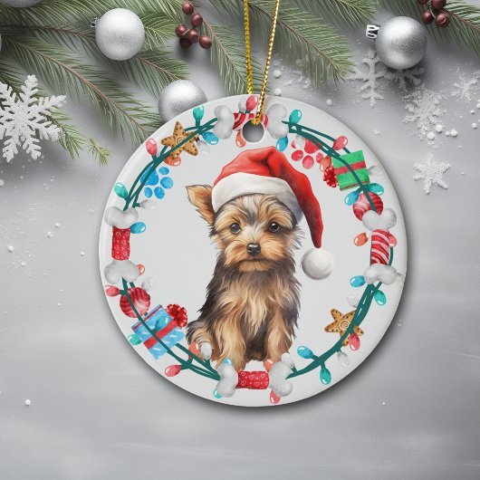 Santa Hat Yorkshire Terrier Hond Botkrans Keramisch Ornament