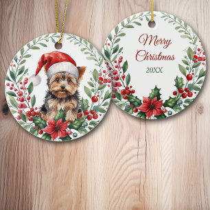 Santa Hat Yorkshire Terrier Poinsettia Krans Keramisch Ornament