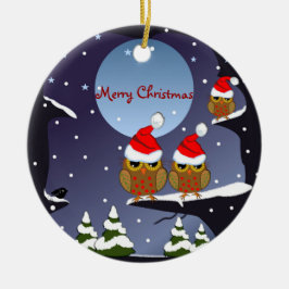 Santa Hats Uilen in een besneeuwde wereld & aangep Keramisch Ornament
