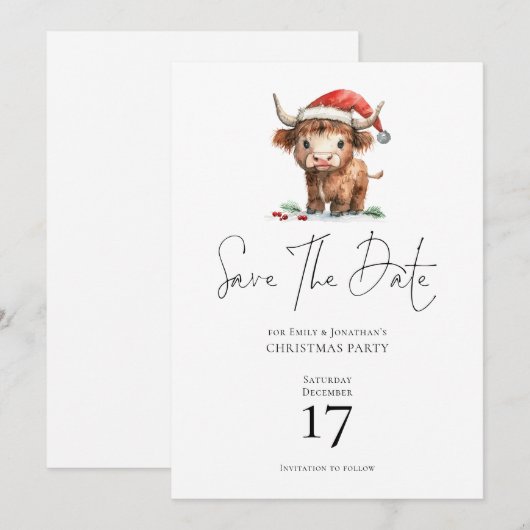 Santa Highland Koe Christmas Save the Date Kaart (Voorkant / Achterkant)