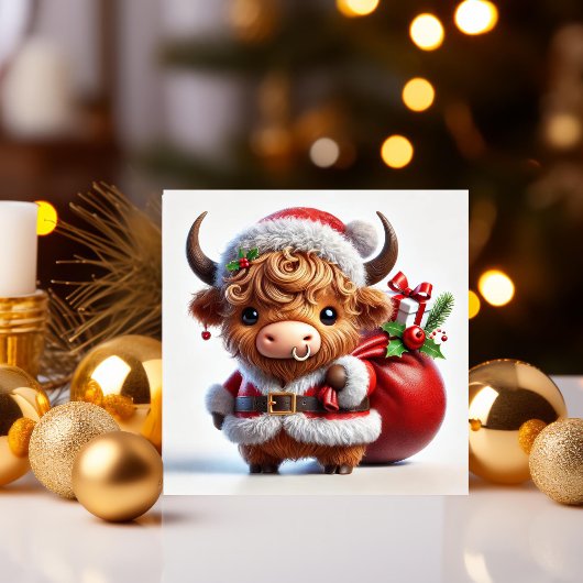 Santa Highland Koe met Cadeauzak Feestdagenkaart