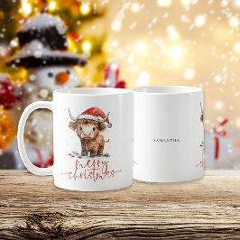 Santa Highland Koe Script Naam Vrolijk Kerstfeest Koffiemok