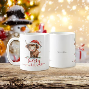 Santa Highland Koe Script Naam Vrolijk Kerstfeest Koffiemok