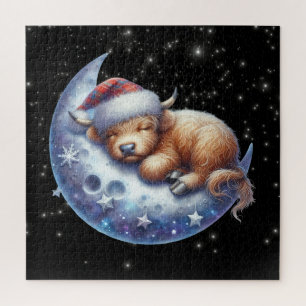 Santa Highland Koe Slaapt op de Maan Legpuzzel