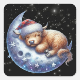 Santa Highland Koe Slaapt op de Maan Vierkante Sticker